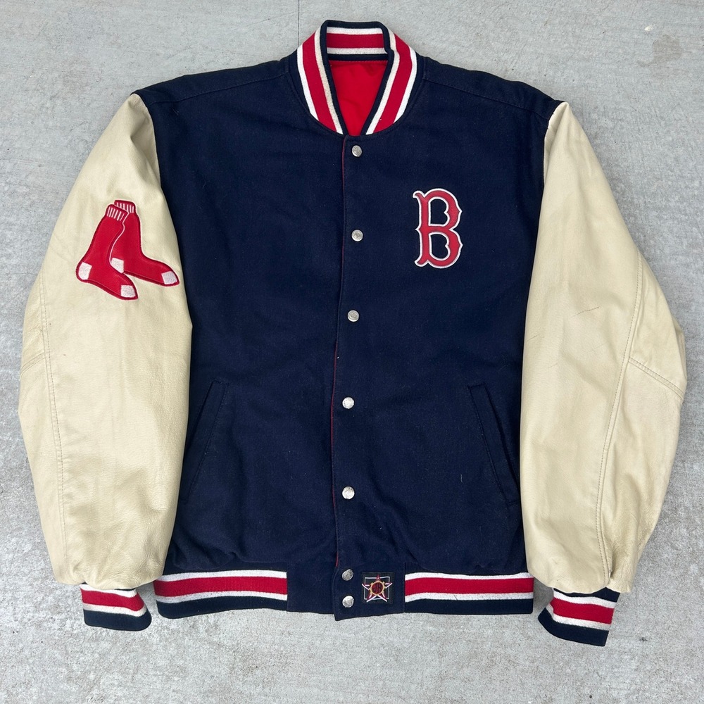 JH Design Boston Red Sox Varsity Jacket Large Navy Blue Cream Vintage Y2K